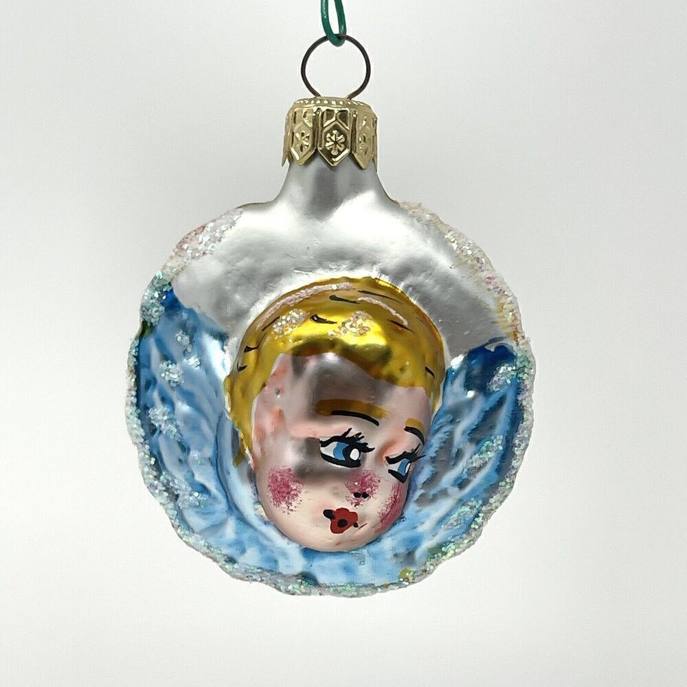 Vintage Cherub Angel Baby Face Round Christmas Ornament Glass Glitter 2.5” (B)